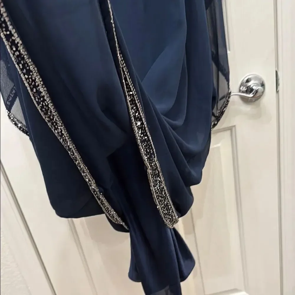 Jkara Elegant Navy Mercury Beaded Embellished Midi Dress Sheer Kaftan Plus 24W